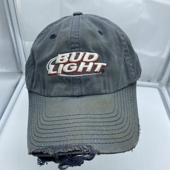 Bud Light Logo Tattered Worn Faded Gray Cap Hat Flex-Fit Stretch OSFM - Picture 1 of 11